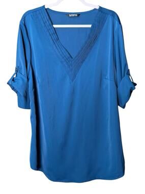 Bloomchic Womens Indigo V-Neck Pleated Tab Sleeve Blouse Plus Size 2X (18-20)